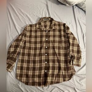 “Shein Brown Plaid Button-Up Shirt - Small Size, Classic Casual Style”